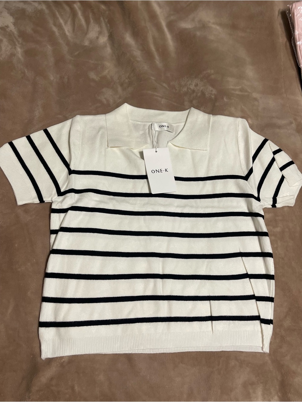 Women's Short-Sleeve Polo Top in White with Black Stripes